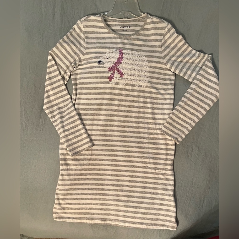 Grey/white striped dress; size M 10/12; cotton/spandex; excellent condition